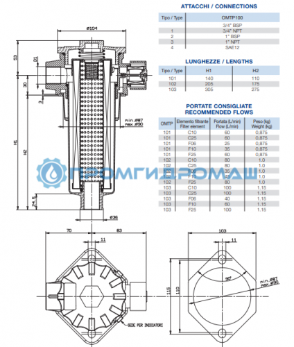 Фильтр сливной OMTP102C25N3-A