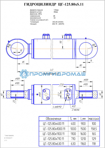 Гидроцилиндр рукояти, стрелы, ковша ЦГ-125.80х1100.11